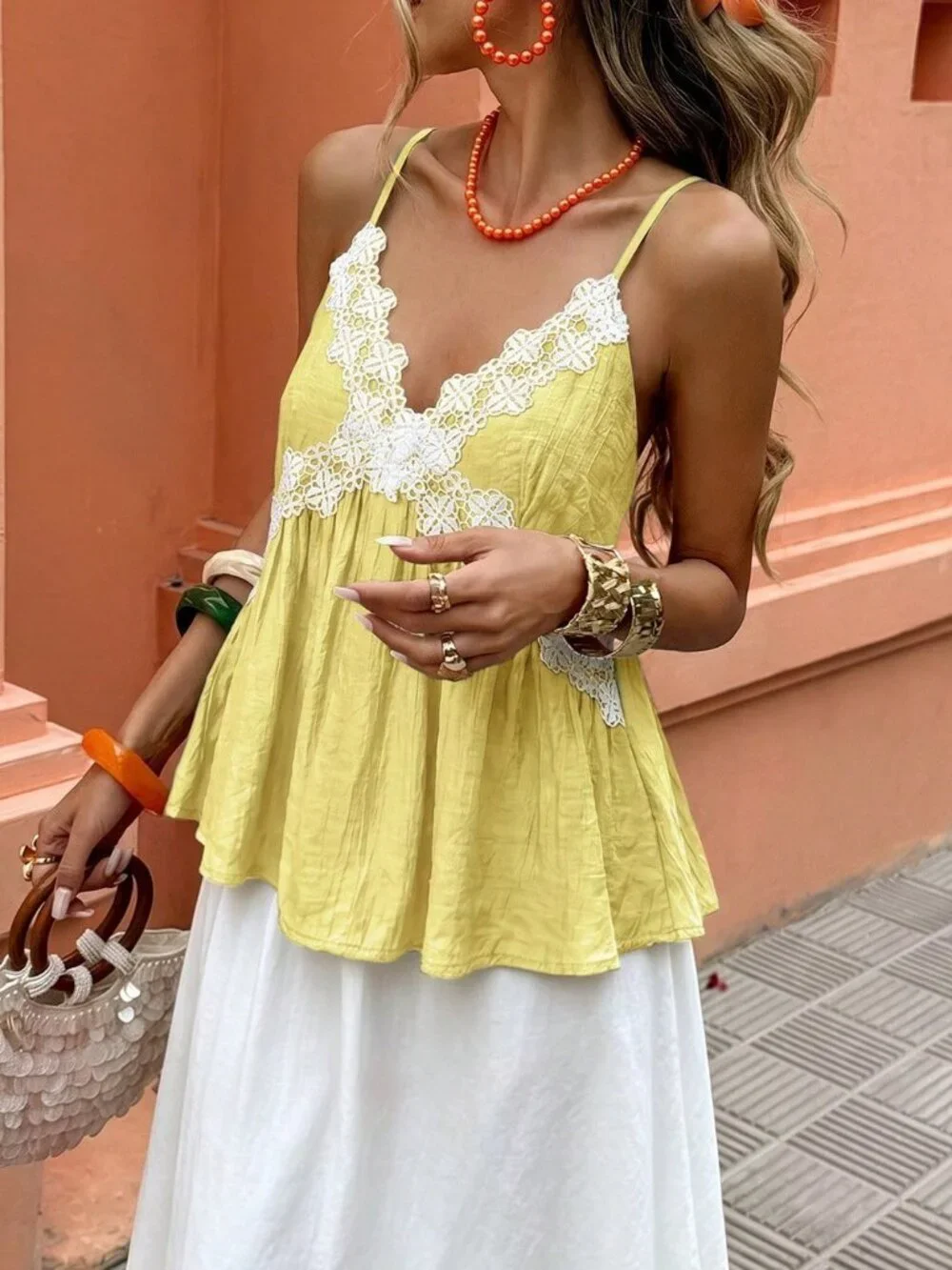 Yellow Casual Women's Vacation Beach Lace Trim Camisole Top - Picture 5 of 6